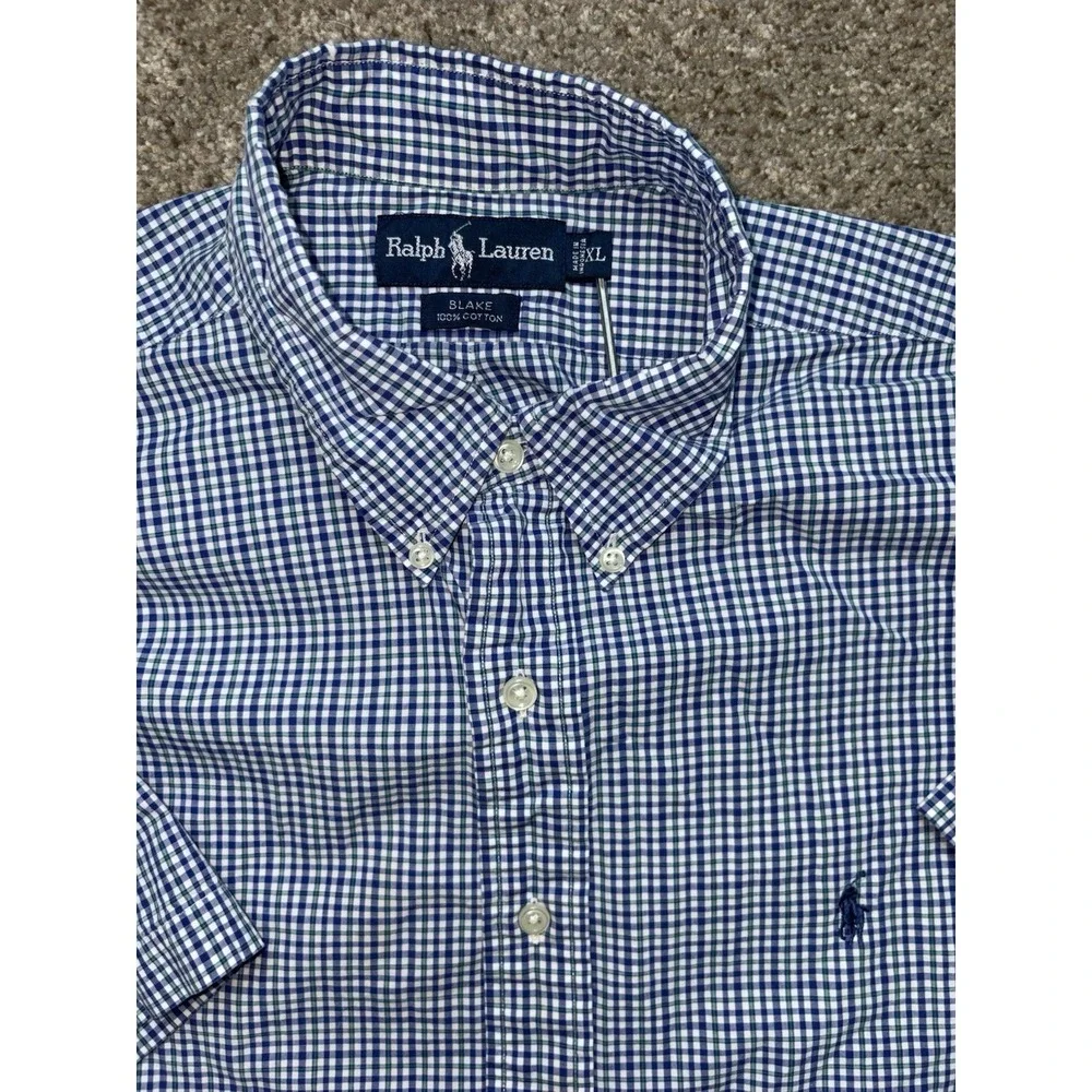 Polo Ralph Lauren‎ Mens Blake XL Short Sleeve Plaid Button Up Shirt Cotton Blue